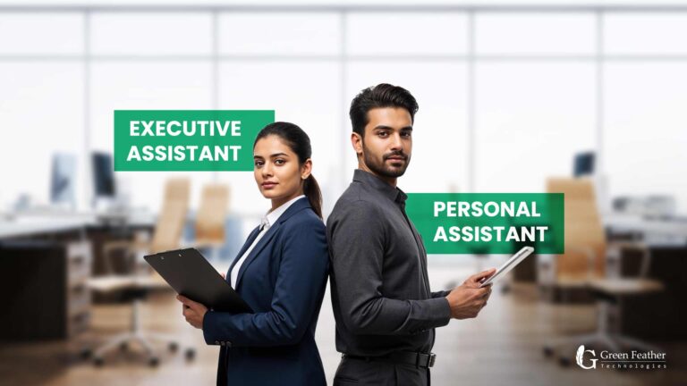 Executive Assistant vs Personal Assistant standing back-to-back in a modern office, representing role differences