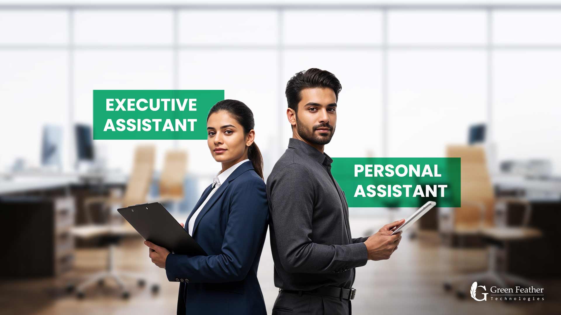 Executive Assistant vs Personal Assistant standing back-to-back in a modern office, representing role differences