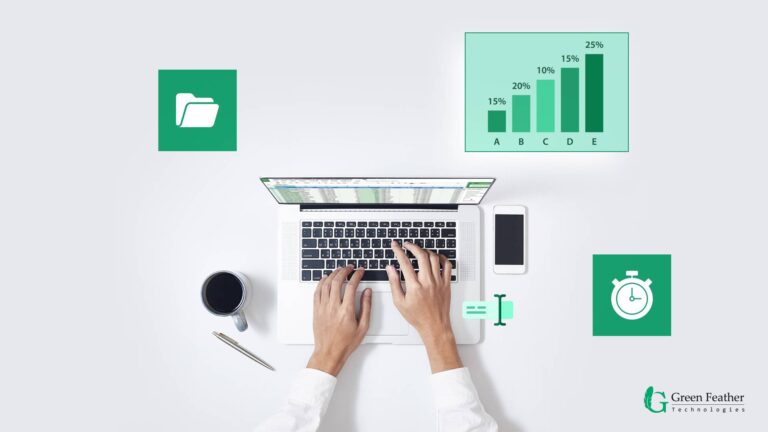 Person working on a laptop entering data with productivity and time management icons around
