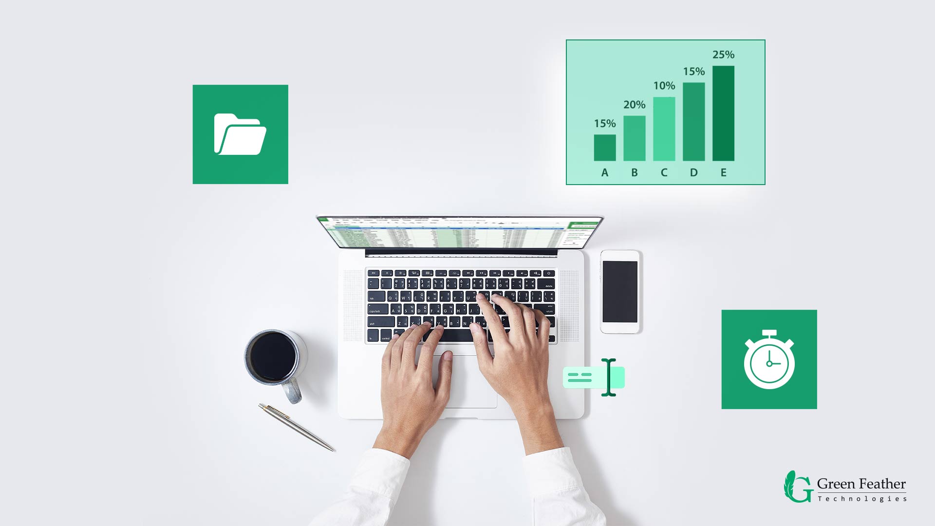 Person working on a laptop entering data with productivity and time management icons around