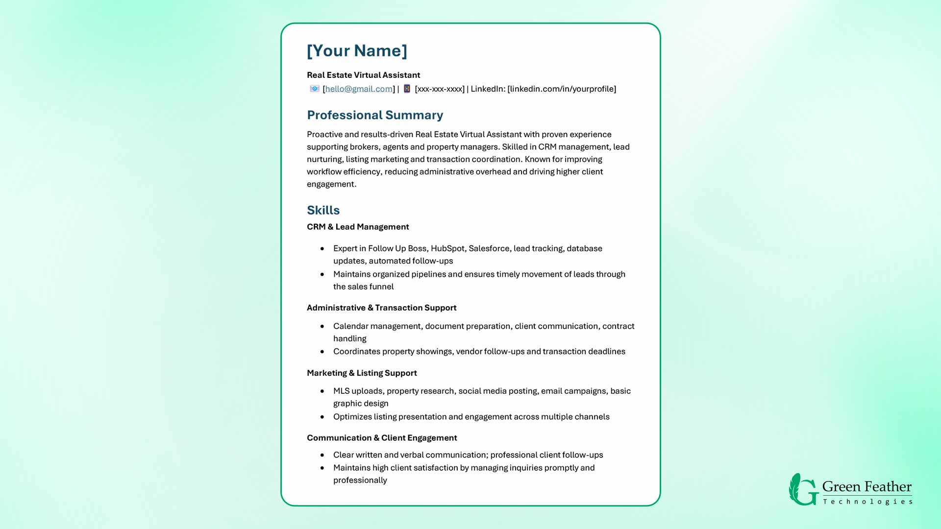 real estate virtual assistant resume skills template