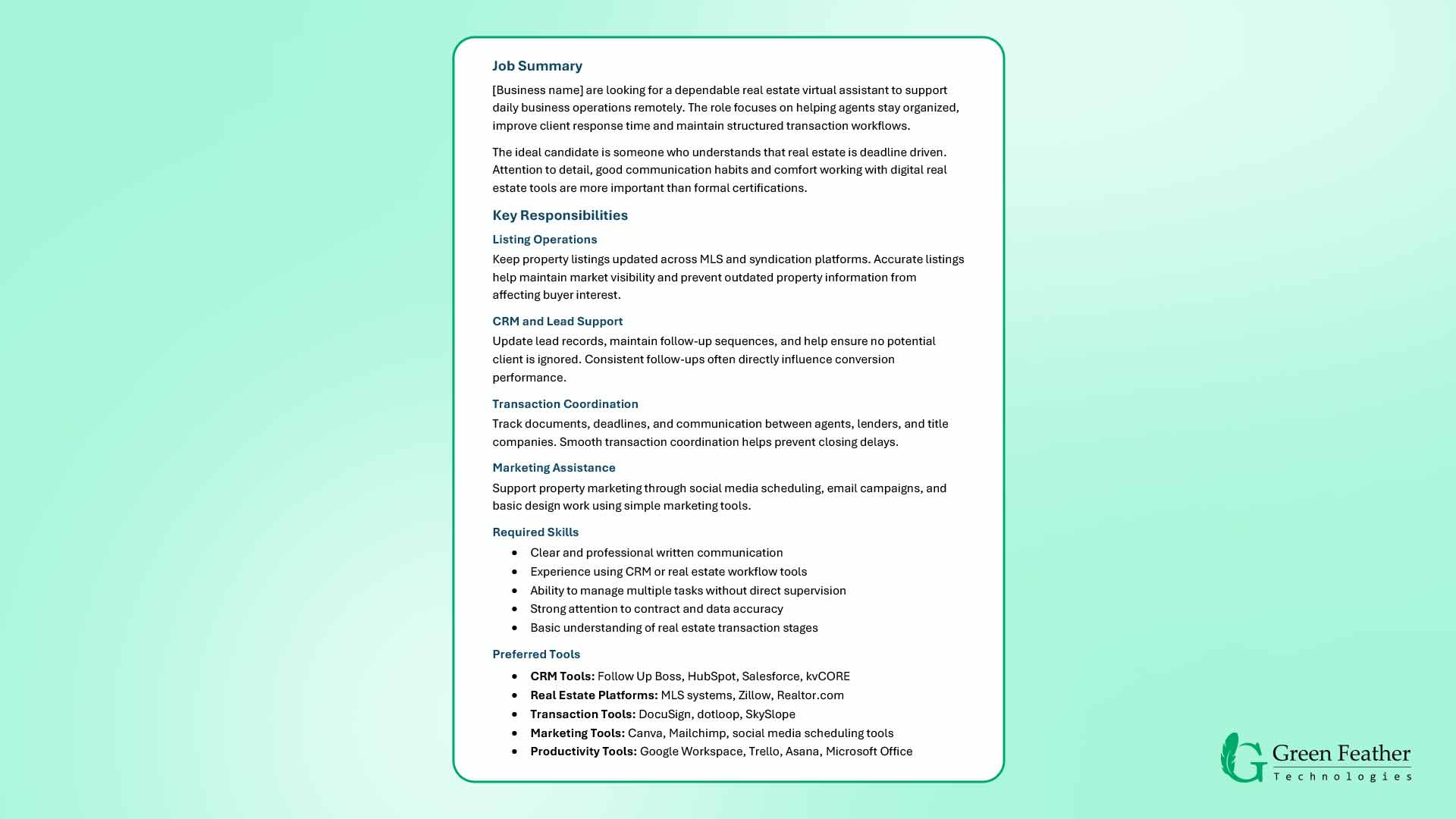 real estate virtual assistant job description